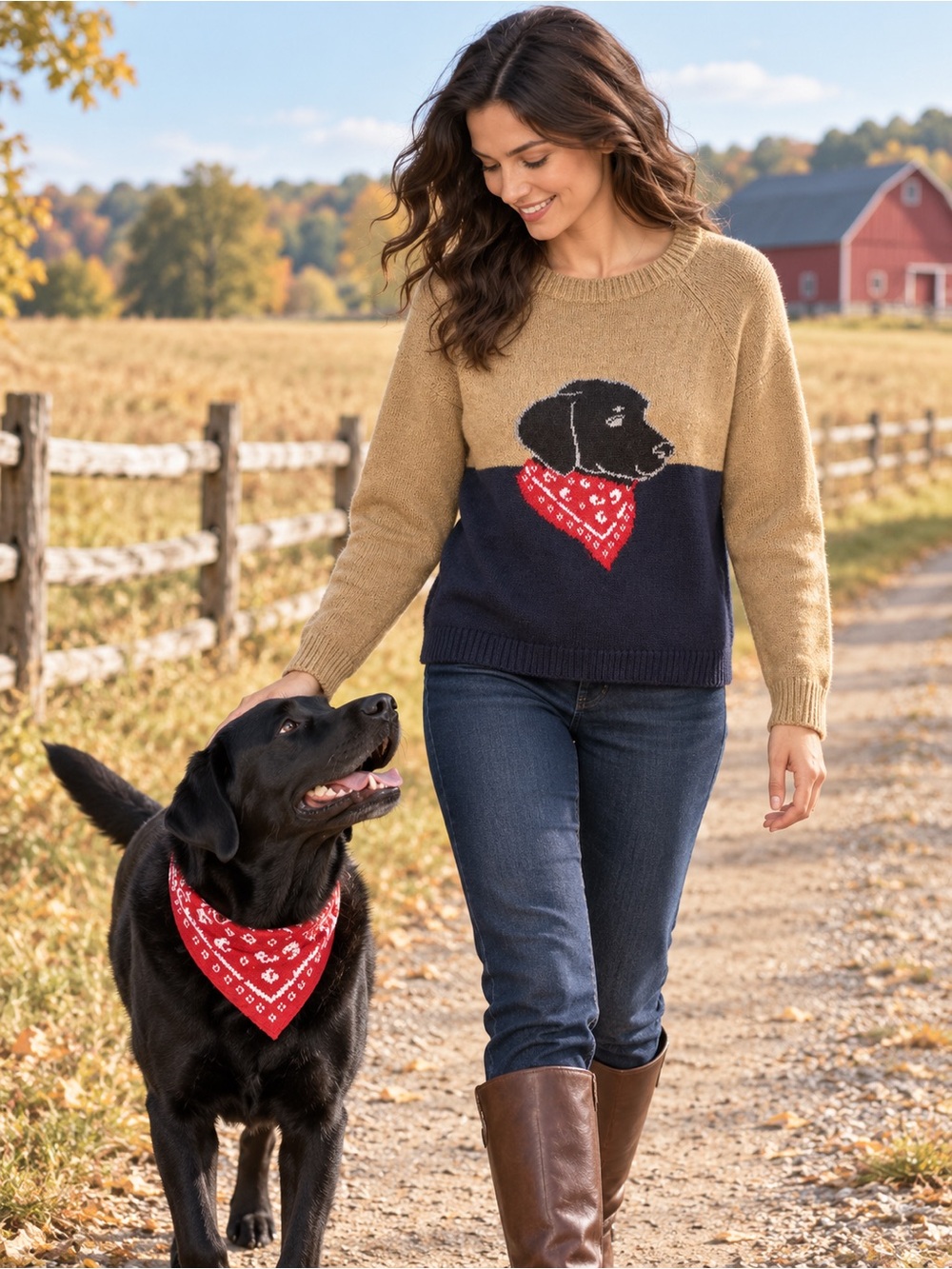 Woolrich Black Lab Bandana Dog Colorblock Knit Sweater S/P Cottagecore Whimsy